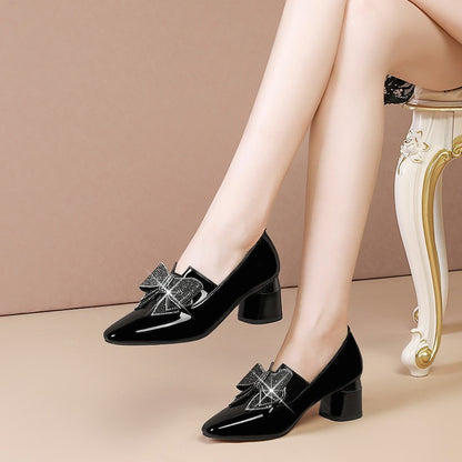 Women’s Rhinestone Bow High Heel Shoes – Elegant Block Heel Party & Office Pumps