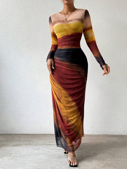 Women’s Tie-Dye Slim Fit Maxi Dress – Long Sleeve Bodycon Party Wear