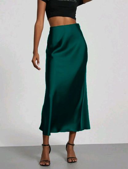 Women’s Slim Fit Satin Skirt – Chic Solid High Waist Long Skirt