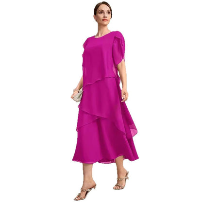 Women’s Layered Chiffon Loose Fit Dress – Elegant Belly Covering Plus Size Outfit