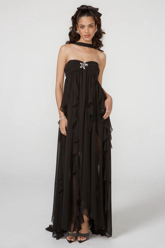 Women’s Chiffon Ruffle Maxi Gown – Elegant Strapless Evening & Wedding Dress