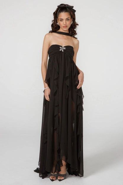 Women’s Chiffon Ruffle Maxi Gown – Elegant Strapless Evening & Wedding Dress