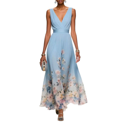 Elegant Chiffon Floral Print Maxi Dress – Sleeveless V-Neck Summer Party Wear