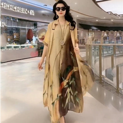 Women’s Artificial Silk Two-Piece Dress Set – Luxury Printed Loose Suit with Skirt