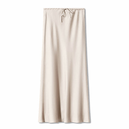 Women’s High Waist Satin Maxi Skirt – Elegant Drawstring Slip Skirt