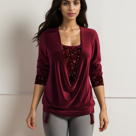 Women’s Sequin Contrast Loose Top – Drop Collar Long Sleeve Blouse