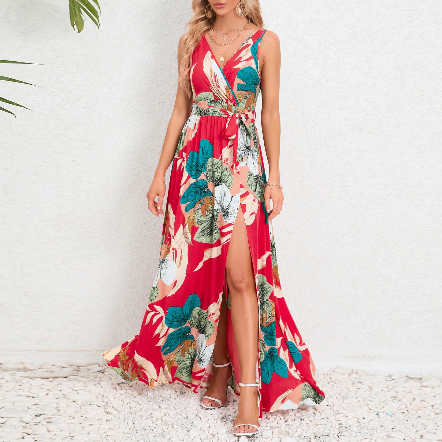 V-neck Floral Print Summer Maxi Dress – Sleeveless Slit Long Beach Dress for Women