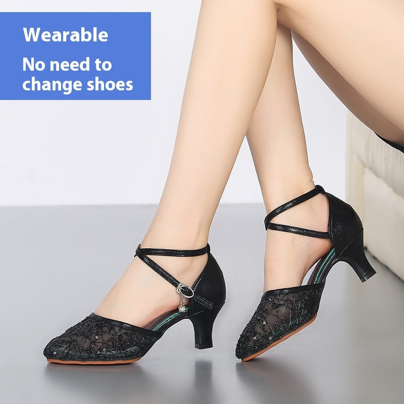 Women’s Latin Dance Shoes – Mid-Heel Elegant Lace Pumps for Summer Parties & Performances