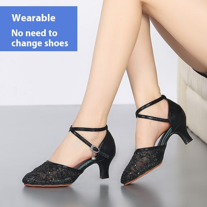 Women’s Latin Dance Shoes – Mid-Heel Elegant Lace Pumps for Summer Parties & Performances