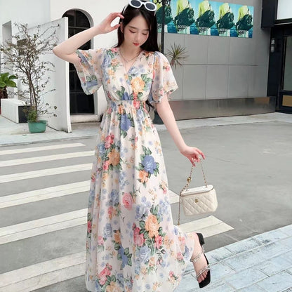 V-neck Mori Style Slim Fairy Floral Dress