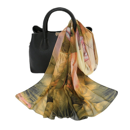 Elegant Chiffon Printed Silk Scarf – Lightweight Lotus Pond Moonlight Wrap for Women