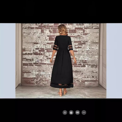 Women’s Casual Mesh Patchwork Maxi Dress with Pockets – Round Neck, 3/4 Sleeve