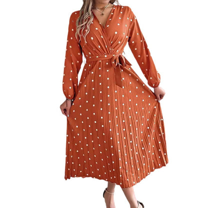 Women’s Polka Dot Long Sleeve Wrap Maxi Dress – Elegant Pleated V-Neck