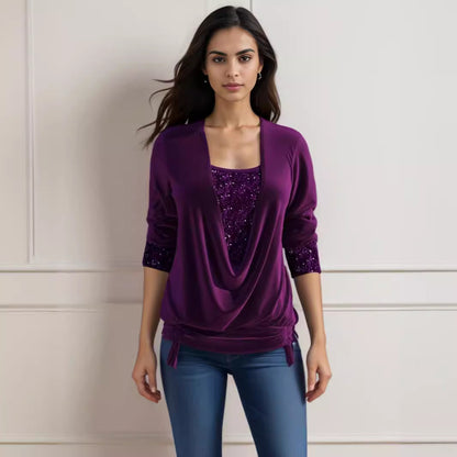 Women’s Sequin Contrast Loose Top – Drop Collar Long Sleeve Blouse