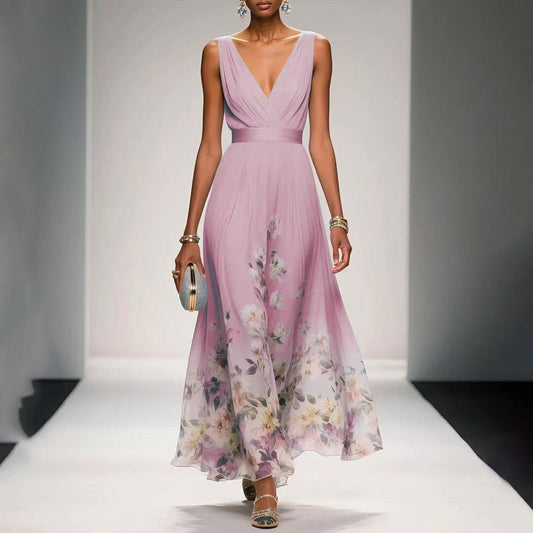 Elegant Chiffon Floral Print Maxi Dress – Sleeveless V-Neck Summer Party Wear