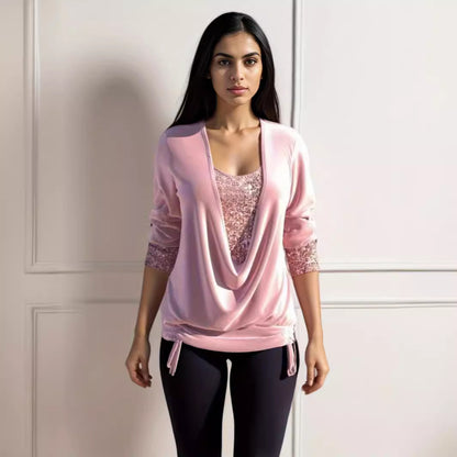 Women’s Sequin Contrast Loose Top – Drop Collar Long Sleeve Blouse