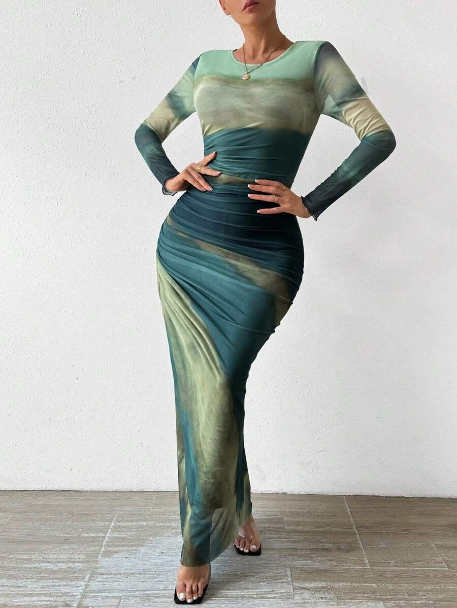 Women’s Tie-Dye Slim Fit Maxi Dress – Long Sleeve Bodycon Party Wear