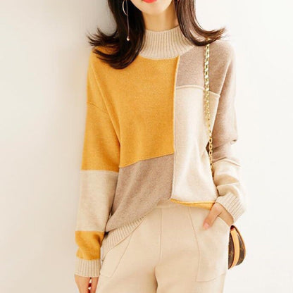Women’s Contrast Color Loose Pullover Sweater – Half Turtleneck Knit Winter Top