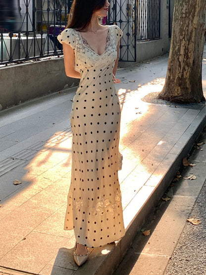 Lace V-Neck Polka Dot Maxi Dress – Elegant Slim Fit Evening Dress for Women