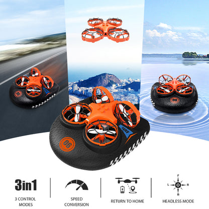 3-in-1 RC Boat Hovercraft Drone – Water, Land & Air Multi-Function Tumbling Stunt Mini Quadcopter