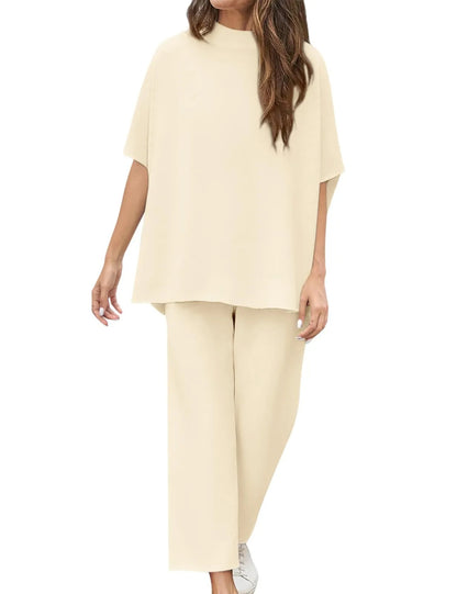 Women’s Casual Wide-Leg Pants Suit – Dolman Sleeve Pullover Two-Piece Set