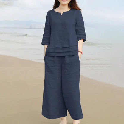 Casual Women’s 2-Piece Linen Set – Loose Shirt & Wide-Leg Pants Co-ord