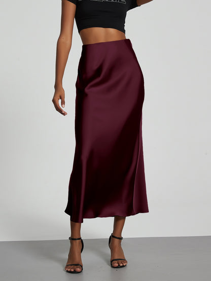 Women’s Slim Fit Satin Skirt – Chic Solid High Waist Long Skirt