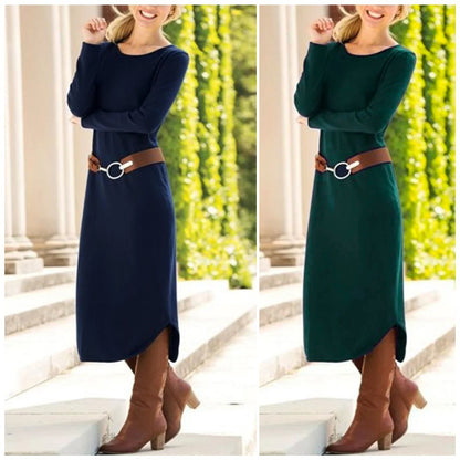 Women’s Solid Color Long Sleeve Midi Dress – Casual & Office Wear