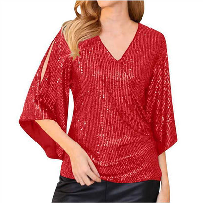 Women’s Sequined Party Top – Loose Mid-Length Short Sleeve Blouse