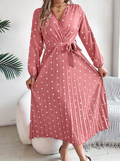 Women’s Polka Dot Long Sleeve Wrap Maxi Dress – Elegant Pleated V-Neck
