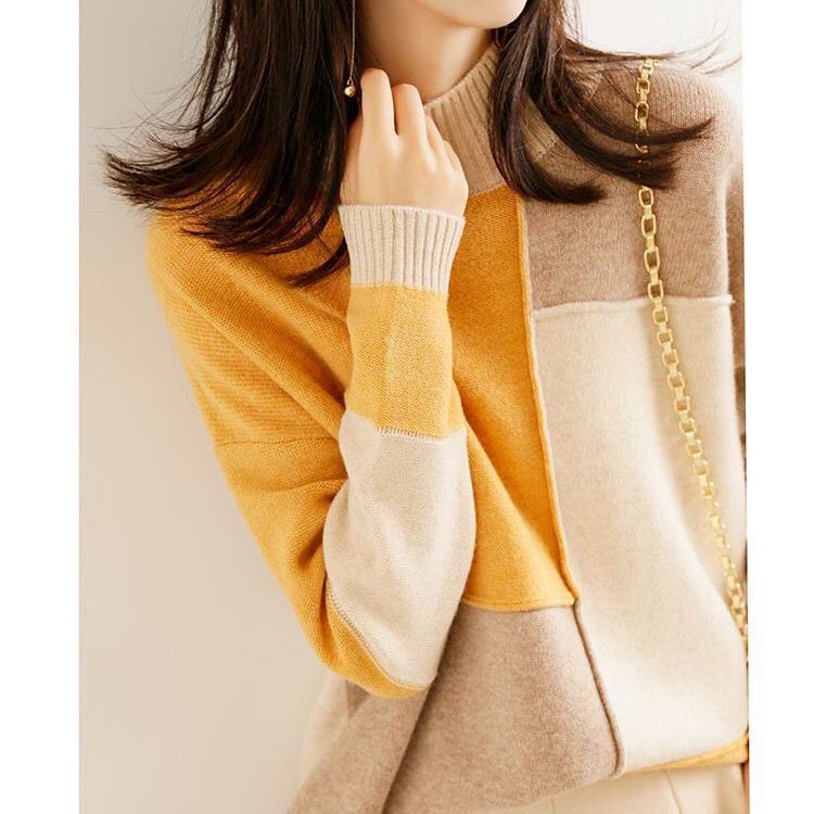 Women’s Contrast Color Loose Pullover Sweater – Half Turtleneck Knit Winter Top