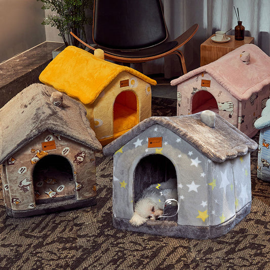Foldable Pet House – Warm Enclosed Dog & Cat Bed with Removable Cushion