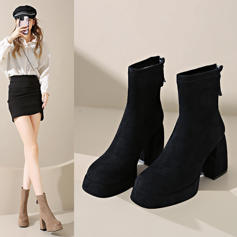 Fashion Suede Block Heel Boots – Women’s Back Zipper Ankle Boots