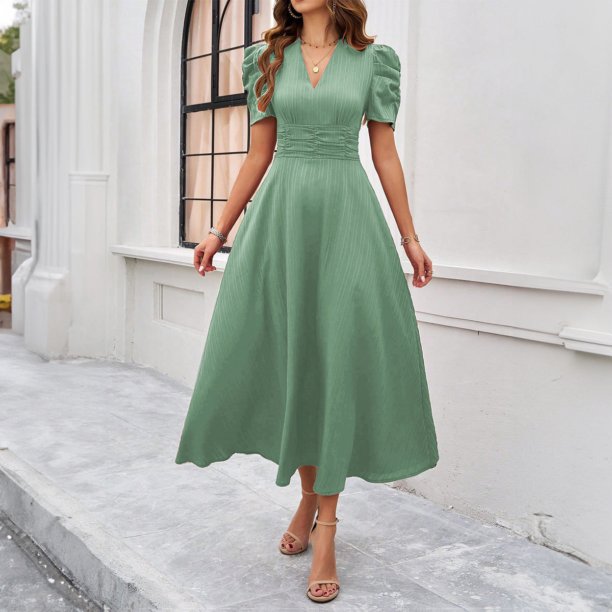 Spring & Summer Elegant Solid Color Dress – Waist-Tight Maxi Dress for Women