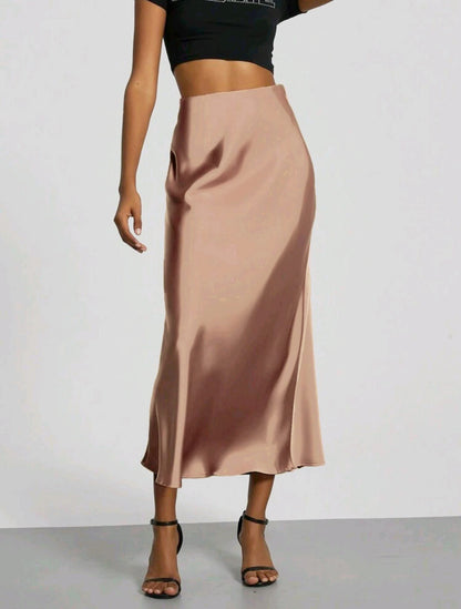 Women’s Slim Fit Satin Skirt – Chic Solid High Waist Long Skirt
