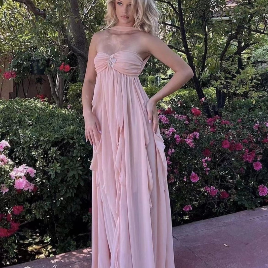 Women’s Chiffon Ruffle Maxi Gown – Elegant Strapless Evening & Wedding Dress