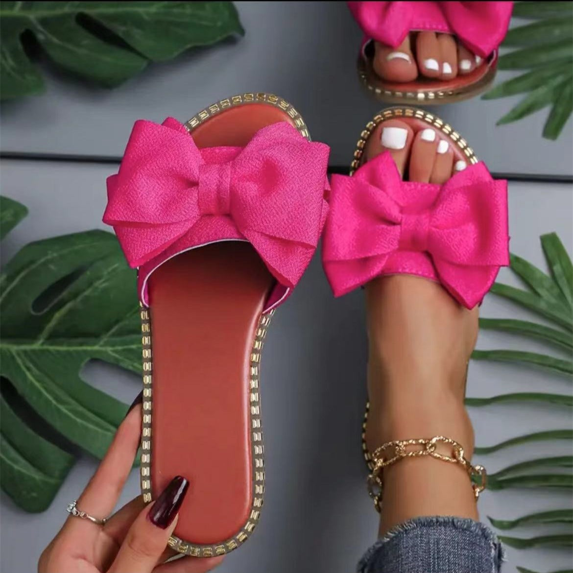Women’s Rhinestone Bowknot Flat Slippers – Summer Casual Sandals