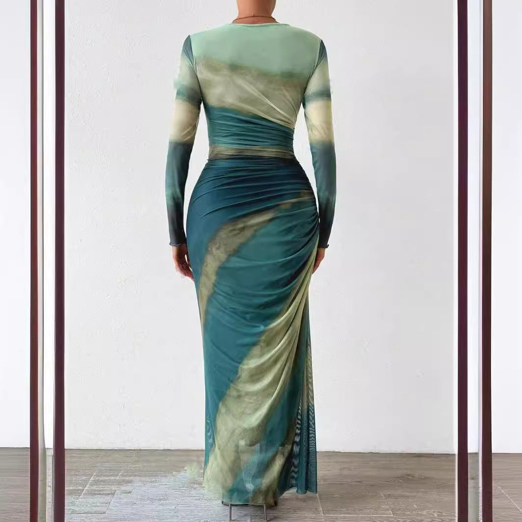 Women’s Tie-Dye Slim Fit Maxi Dress – Long Sleeve Bodycon Party Wear