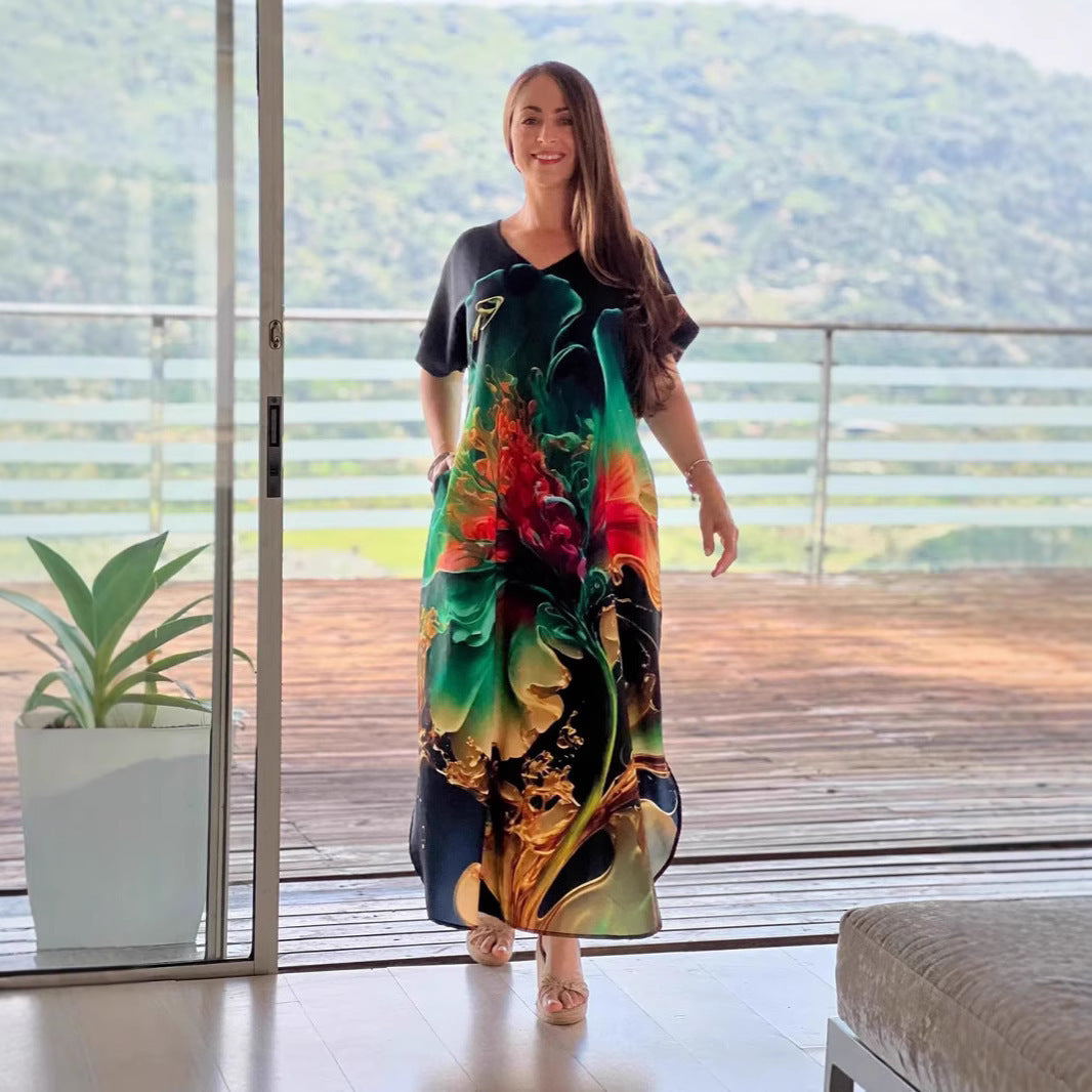 European & American Printed Loose Maxi Dress – Elegant Summer Women’s Fashion