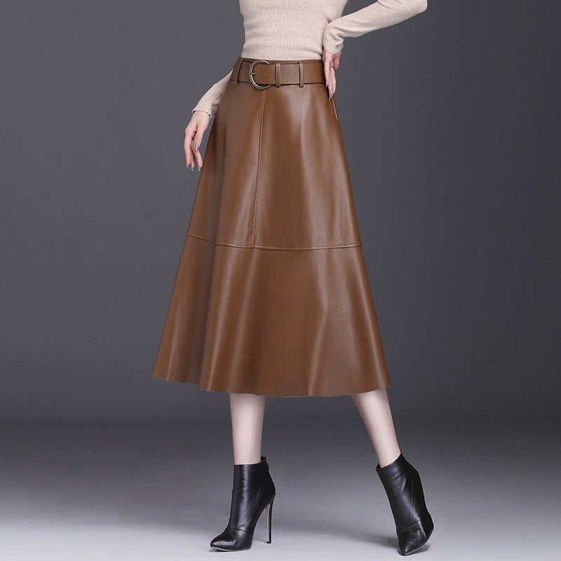 Women’s Leather A-Line Skirt – High Waist Pleated Midi Skirt