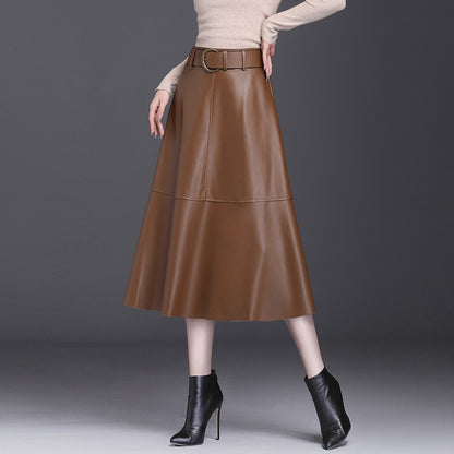 Women’s Leather A-Line Skirt – High Waist Pleated Midi Skirt