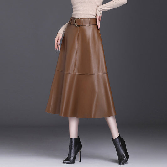 Women’s Leather A-Line Skirt – High Waist Pleated Midi Skirt