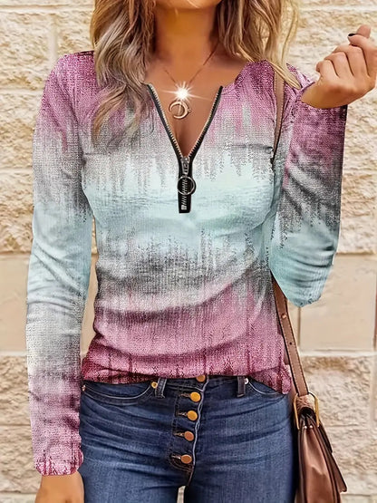 Women's Casual Loose Contrast Striped Half Zipper Top