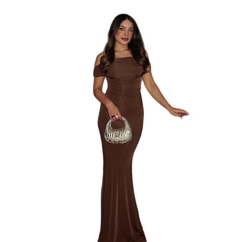 Off-Shoulder Pleated Slim Fit Backless Dress – Women’s Evening Party Wear