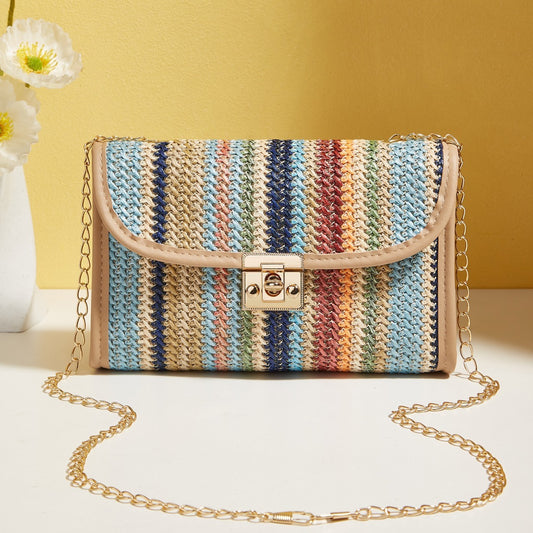 Woven Rainbow Crossbody Bag – Trendy Square Sling Bag with Gold Chain