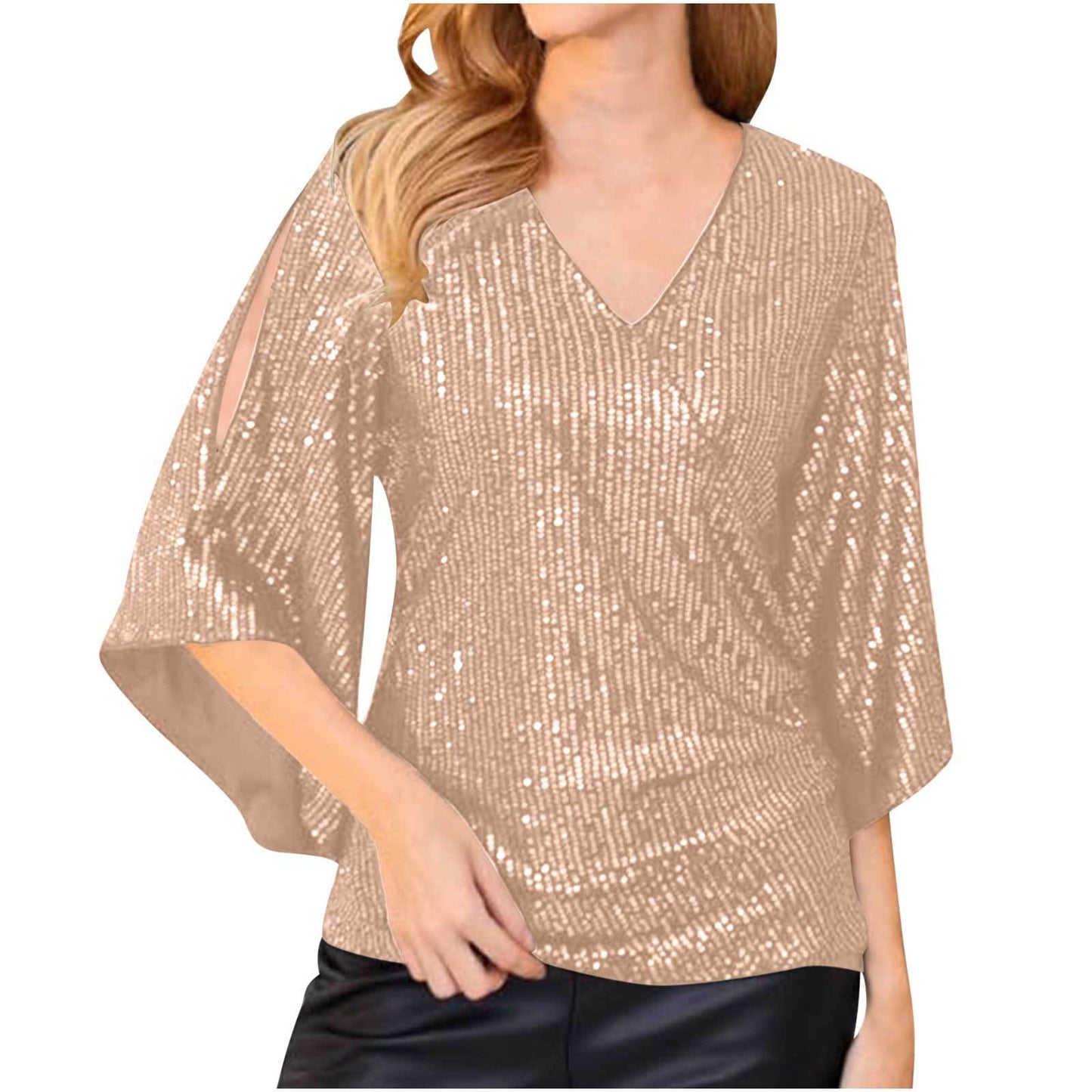 Women’s Sequined Party Top – Loose Mid-Length Short Sleeve Blouse