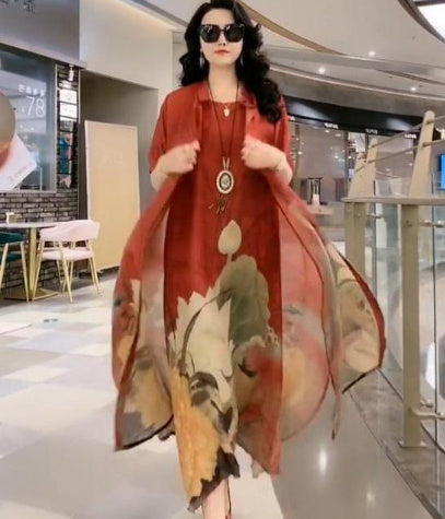 Women’s Artificial Silk Two-Piece Dress Set – Luxury Printed Loose Suit with Skirt