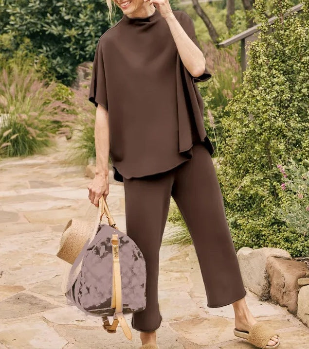 Women’s Casual Wide-Leg Pants Suit – Dolman Sleeve Pullover Two-Piece Set