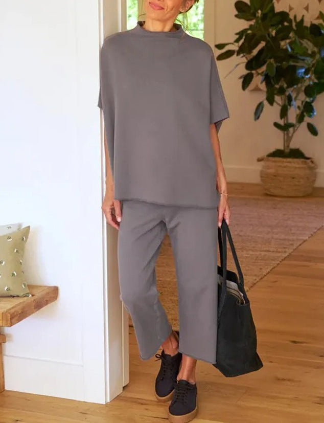Women’s Casual Wide-Leg Pants Suit – Dolman Sleeve Pullover Two-Piece Set