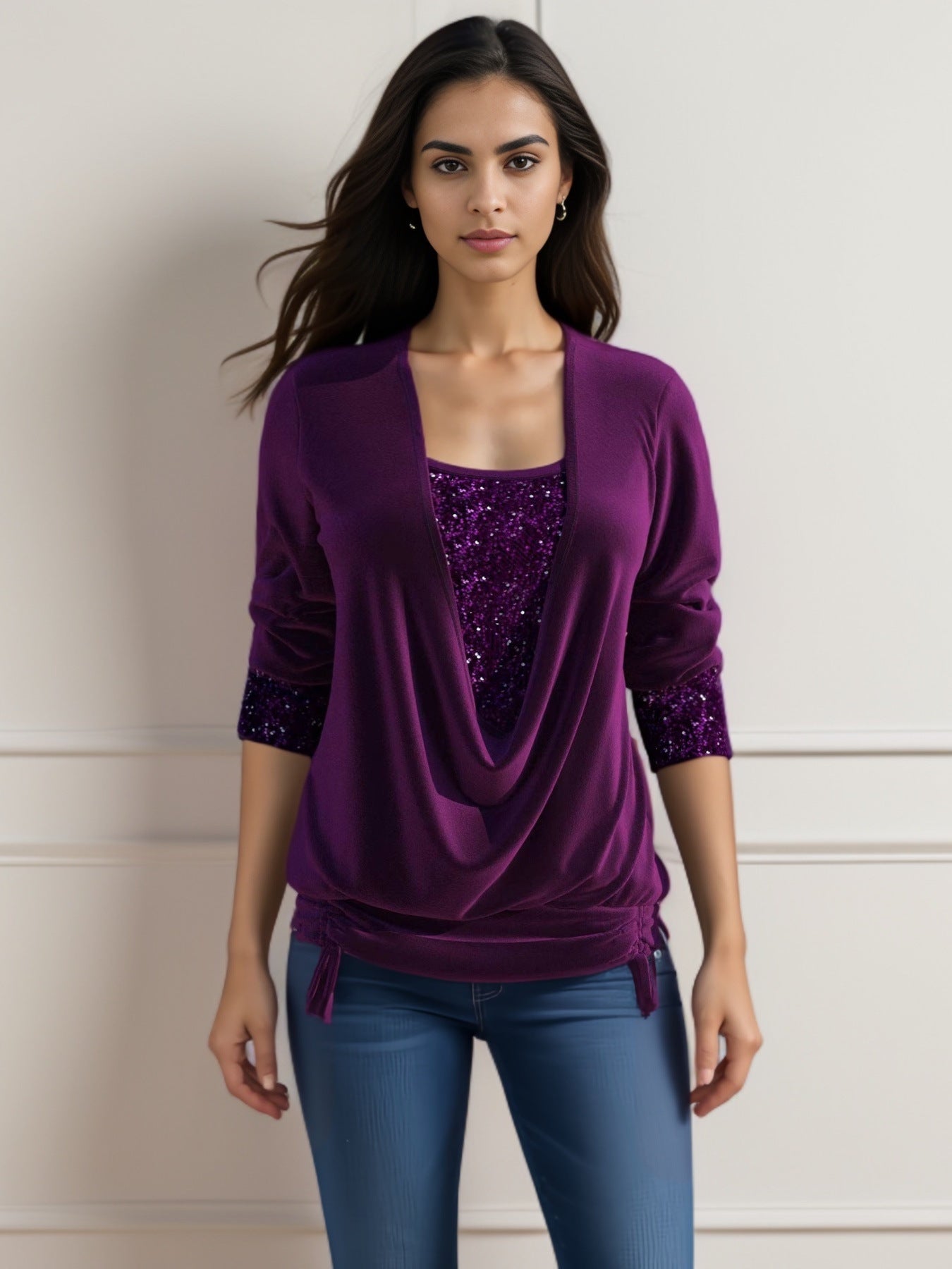 Women’s Sequin Contrast Loose Top – Drop Collar Long Sleeve Blouse